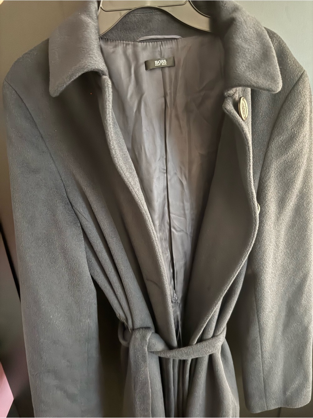 Hugo Boss Women's Coat in charcoal with belt Alpaka and wool